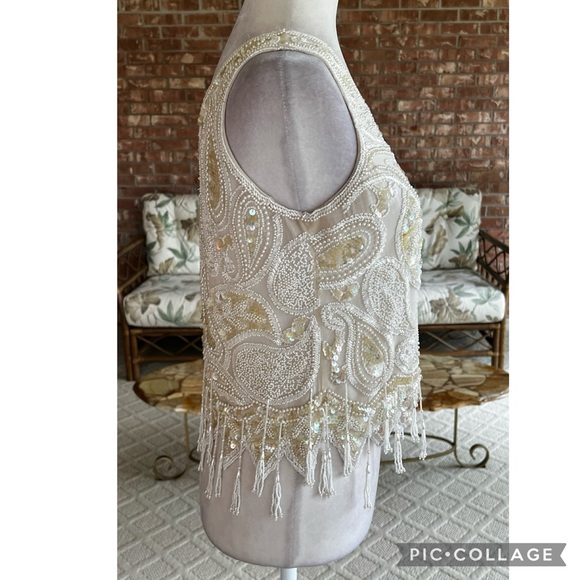 Nite Line Vintage Cream Pearl Sequin Beaded Fringe Top S - Picture 6 of 12